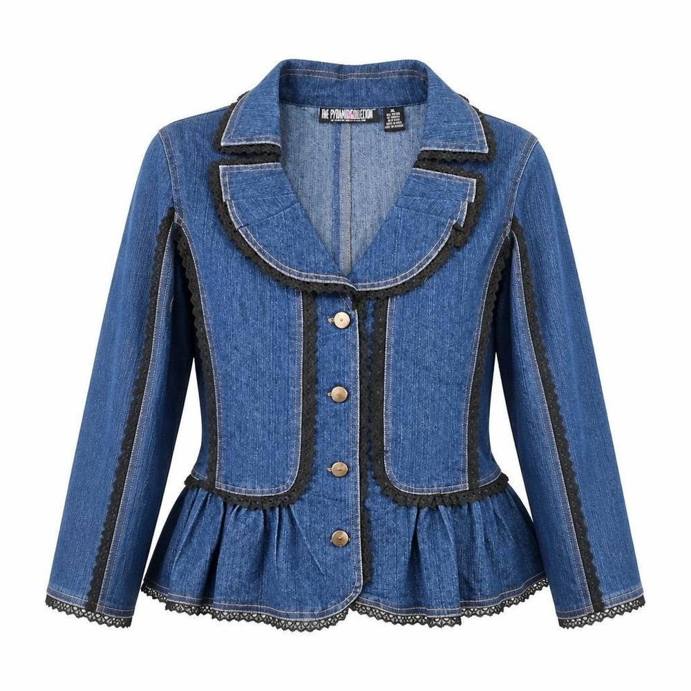 Pyramid Collection Denim Jacket Womens XL Blue Lace Ruffle Peplum Whimsigoth